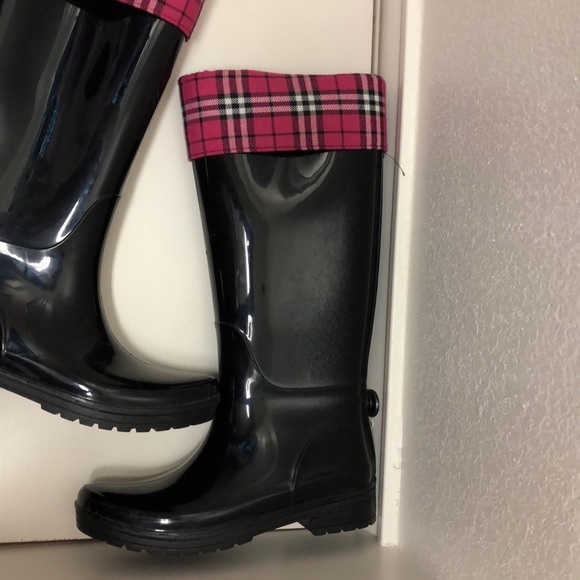 Cute Black Rain Boots with Hot Pink Plaid Trim - Picture 2 of 4